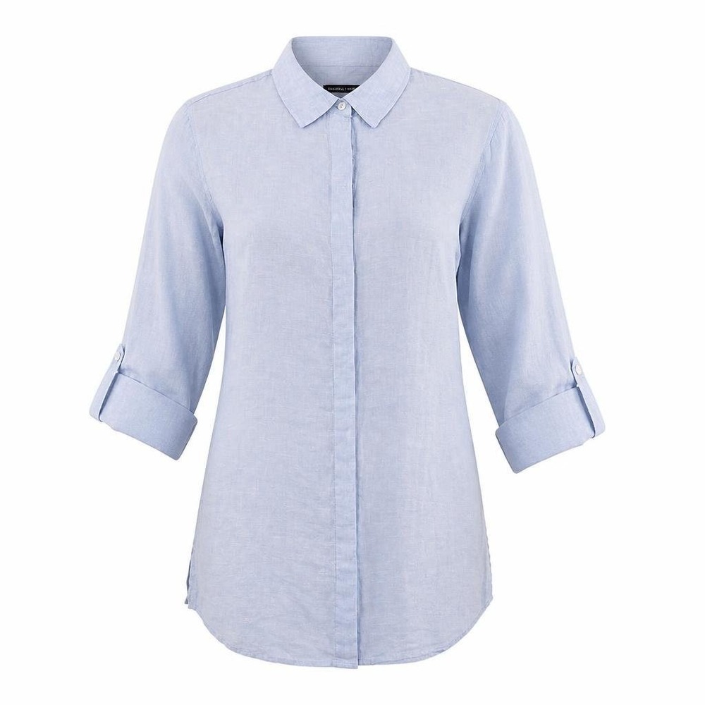Tahari‎ Tunic Top Womens M 100% Linen Roll Tab L/S Coastal Beachy Minimalist